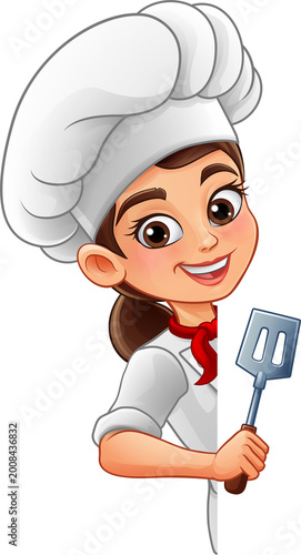 Smiling cartoon woman chef in hat and white uniform peeking from behind blank space while holding a spatula. Fun culinary mascot illustration for restaurant, cooking, barbecue, kitchen and food themes