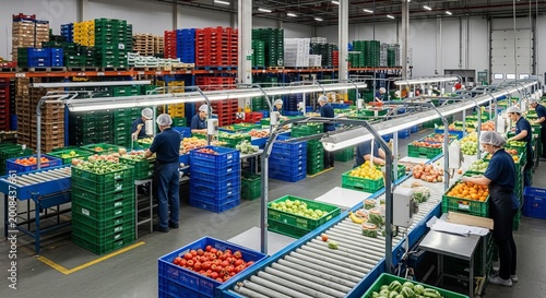 Spacious Produce Warehouse with Workers and Conveyor Belts for Food Distribution and Storage