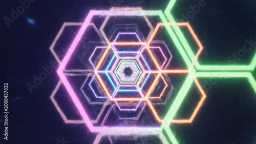 Abstract geometric shapes with neon lights create a futuristic and technological background, perfect for digital designs and presentations