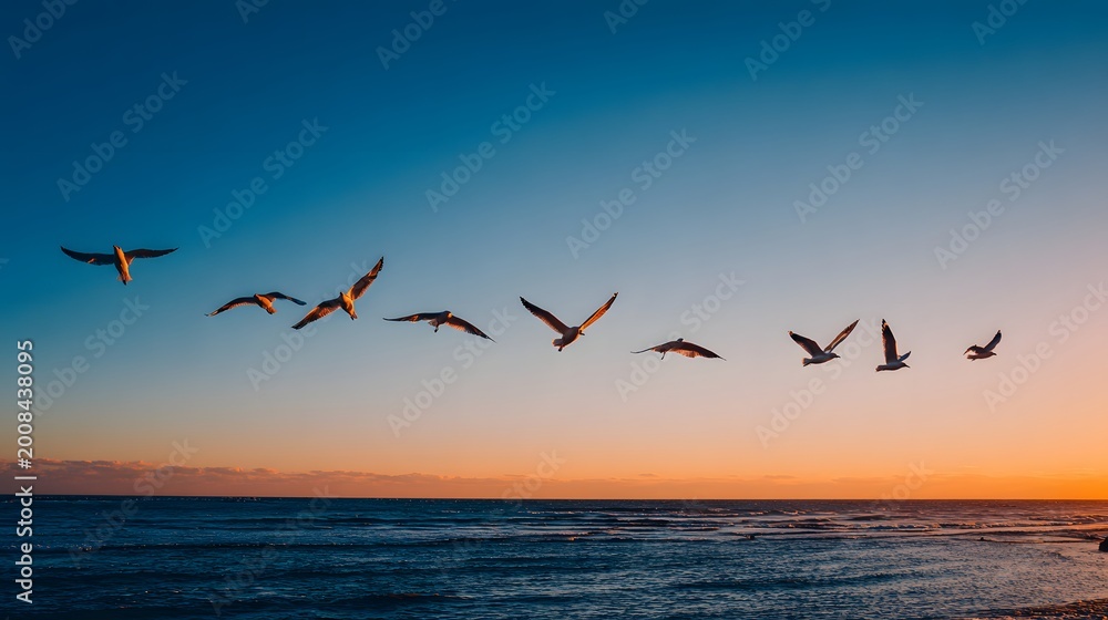 Fototapeta premium Seagulls fly in formation across a sunset sky above the calm ocean.