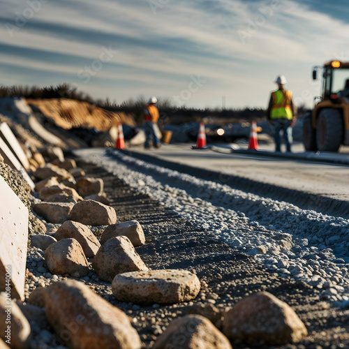 Construction workers at road site with rocks and cones under blue sky