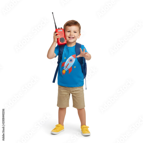 Cute little boy using toy walkie-talkie for communication, playful child pretending to be a secret agent, imaginative childhood role play fun