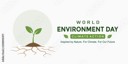 Foto World Environment Day banner with green plant growing from soil, symbolizing climate action and sustainable future inspired by nature