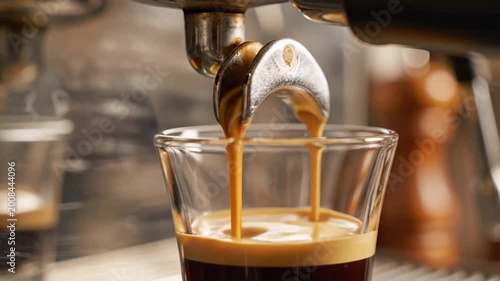 Espresso pouring into glass from coffee machine, close-up shot