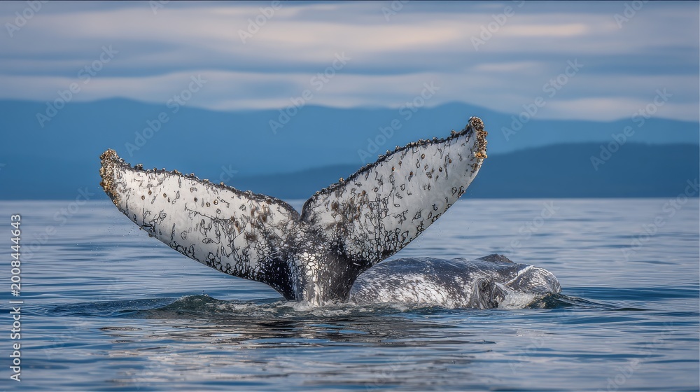 Naklejka premium Graceful Gray Whale Diving with Fluke Above Tranquil Waters