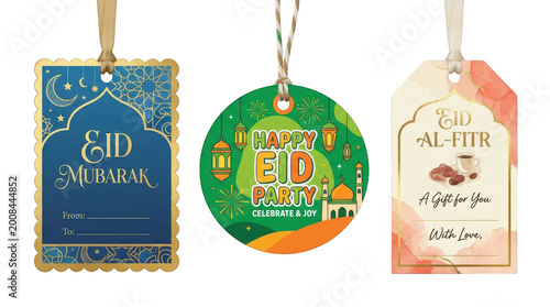 Three hanging holiday gift tags with festive designs isolated on transparent background