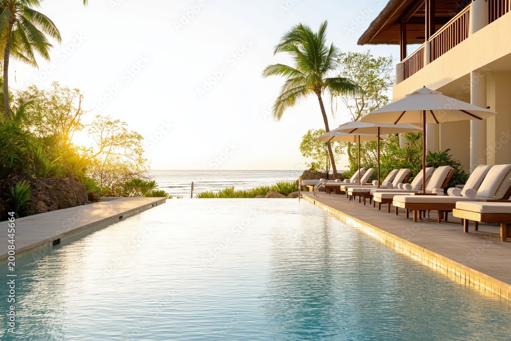 Fototapeta premium Idyllic beachfront resort at sunrise with a tranquil pool, lush palms, and serene ocean views, epitomizing relaxation.