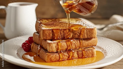 Pouring Syrup on Stacked French Toast with Cherries