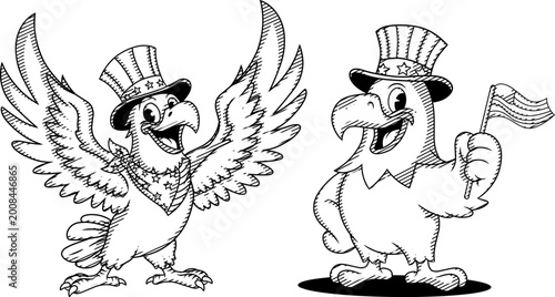 Hand-drawn patriotic American bald eagle cartoon characters in vintage engraving style. Mascots with top hats and flag for 4th of July, USA National Day,
