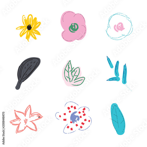 Abstract hand drawn pattern featuring colorful doodle flowers and leaves, creating a vibrant, artistic background with a natural, organic feel for design projects