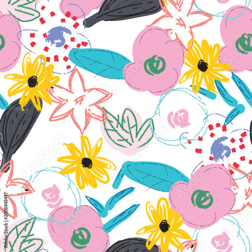 Hand drawn floral pattern displaying a lively mix of pink and yellow flowers, blue and dark leaves, and abstract brushstrokes on a white background, forming a cheerful and playful design