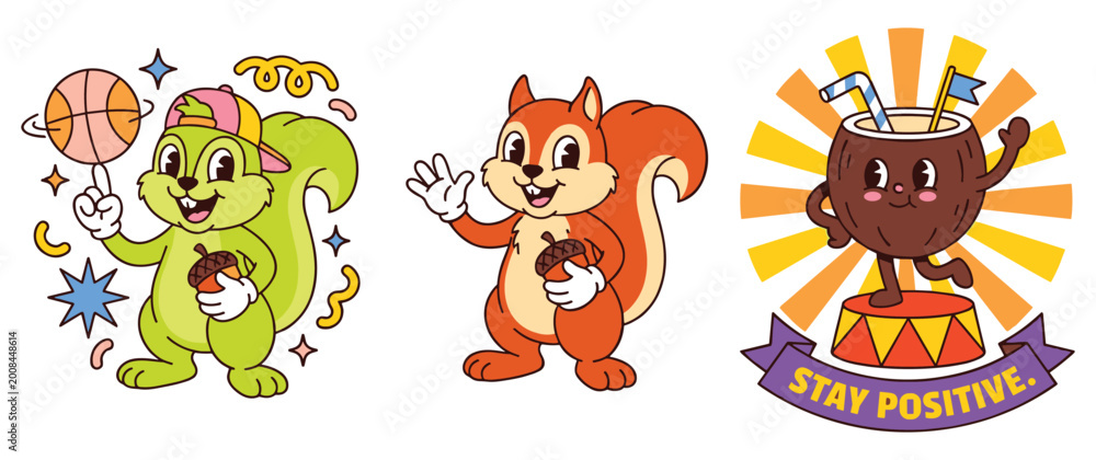 Obraz premium Cute cartoon squirrels holding acorns and happy coconut with ribbon sign.