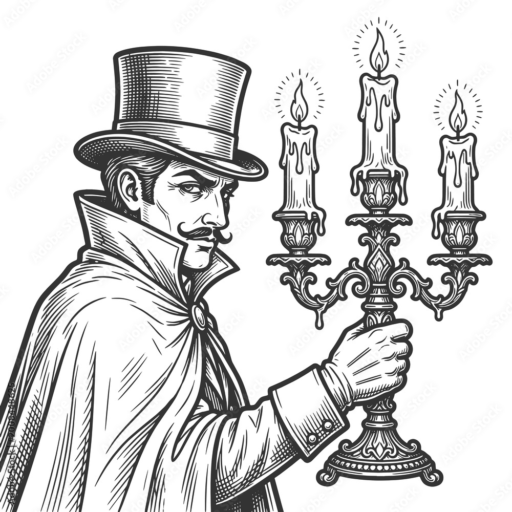 Obraz premium Victorian man in top hat holding an ornate candelabra with dripping candles, evoking gothic elegance and dark atmosphere sketch engraving generative ai raster illustration. Black and white image.