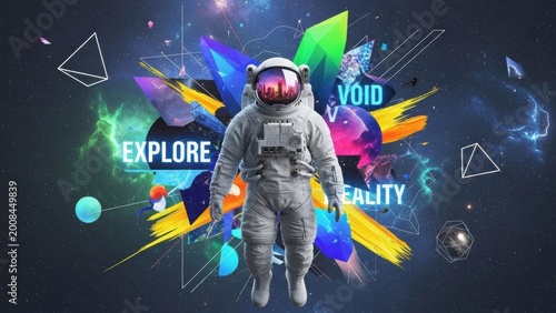 Astronaut Amidst Abstract Universe: An astronaut stands at the forefront, enveloped by a vibrant, abstract universe, igniting curiosity and wonder about the exploration of reality.