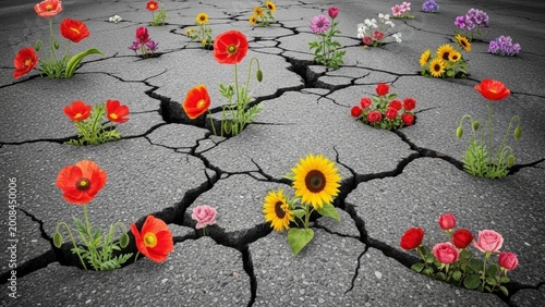Resilience Blossoms: A vibrant testament to nature's tenacity, with colorful flowers blooming defiantly through cracks in the pavement, symbolizing hope and the strength of life.