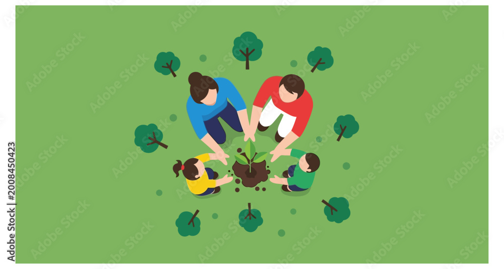 Fototapeta premium Family planting a tree together flat vector illustration on transparent background