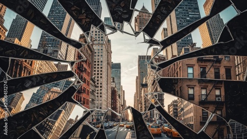 Urban Vista Through Shattered Glass: A dynamic urban scene, captured through the fractured fragments of a shattered glass, offering a unique perspective on the city's architecture and vibrant life.
