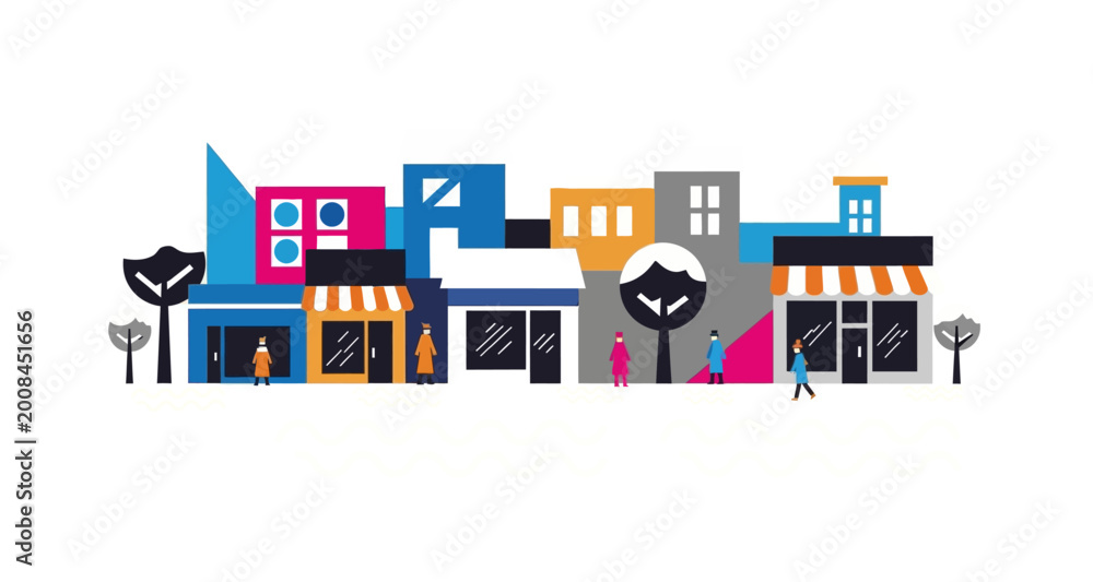 Obraz premium Stylized city street illustration with people on transparent background