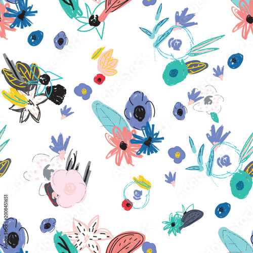 Seamless pattern with flowers. Creative universal artistic floral background. Hand Drawn textures. Trendy Graphic Design