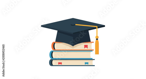 Flat vector illustration of a dark blue graduation mortarboard cap with a golden yellow tassel resting on a stack of three colorful textbooks, isolated on a clean white background.