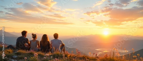 Four people sitting on a grassy mountain ridge watching golden sunset over layered peaks, valley lakes, wildflowers and glowing cloudscape.
