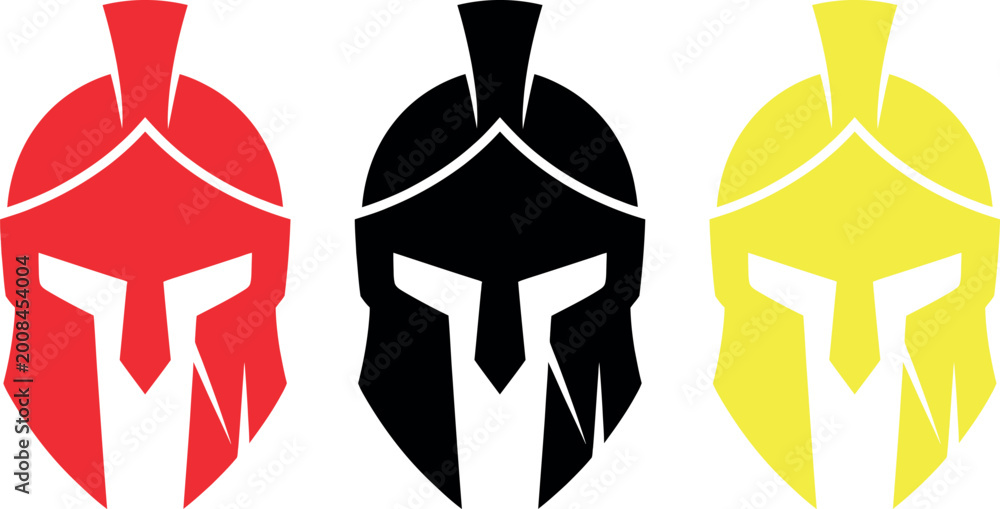 Fototapeta premium Three colorful spartan warrior helmets in a row with red, black, and yellow designs