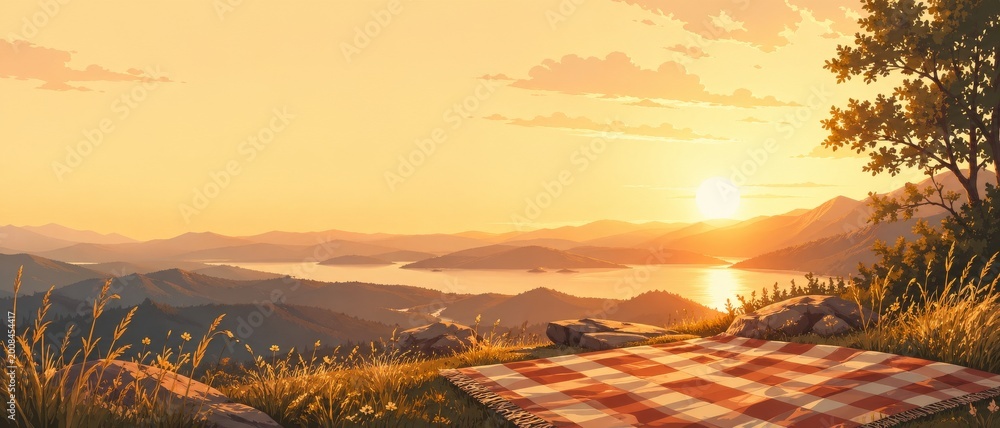 Fototapeta premium Panoramic vector landscape with checkered picnic blanket on grassy mountain overlook above a glowing lake, islands, and distant hills at sunset.