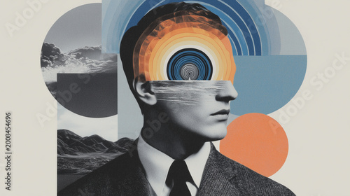 Surreal collage of human mind and mental health concept