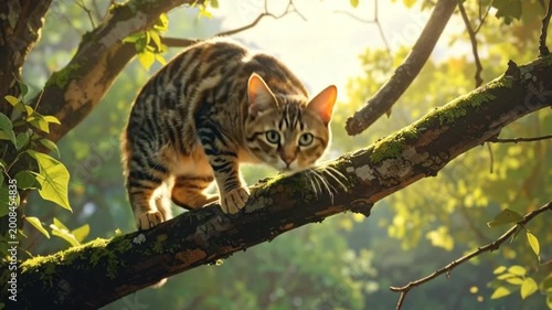A curious feline sits on a tree branch, observing the natural world around