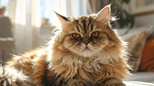 A fluffy, long-haired domestic cat relaxing indoors on a comfortable surface