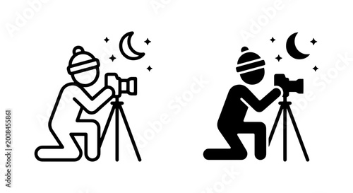Bild auf Leinwand Night Photography Icons, Silhouette Photographer with Camera on Tripod, Moon and