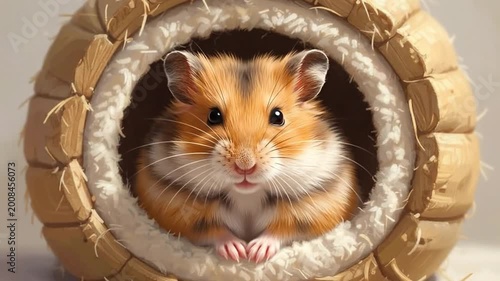 A cute, fluffy rodent sits inside a cozy, round, woven shelter