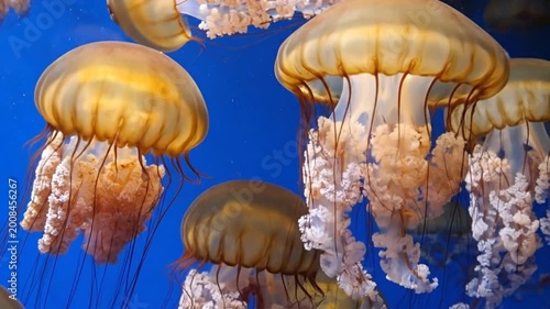 Several translucent, floating aquatic creatures with long, trailing tentacles