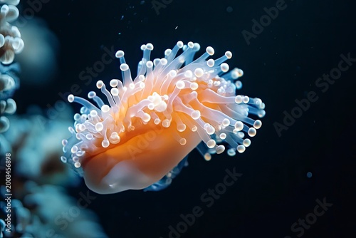 Macro of glowing anemone in deep ocean water, close-up