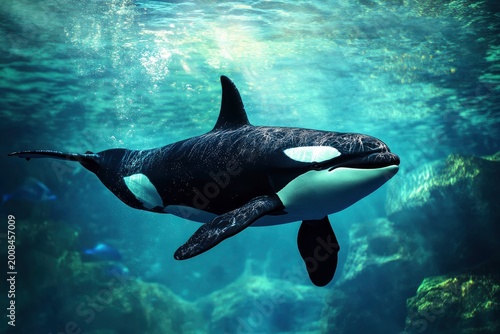 Graceful killer whale swims in crystal clear ocean, bathed in sunlight