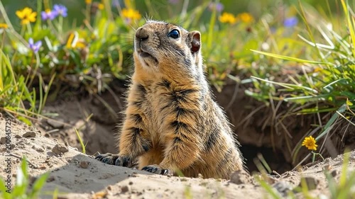 A small furry animal emerges from its burrow in a natural environment