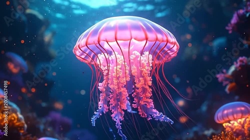Beautiful glowing jellyfish swimming in the deep ocean with colorful coral reefs