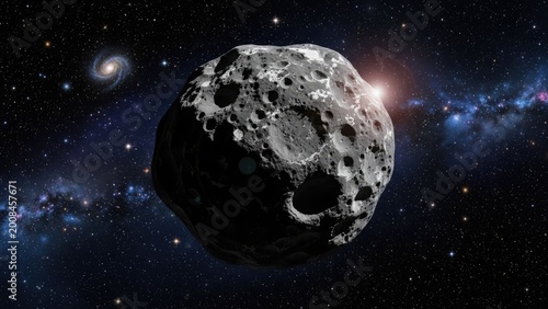 asteroid approaching earth in deep space with cosmic nebula background