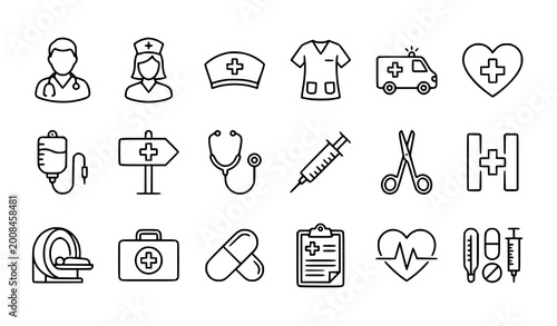 Doctor medical outline icon set nurse ambulance hospital vector editable stroke