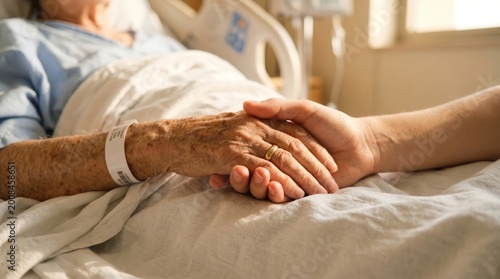 Elderly patient hand held by young person in hospital bed for comfort and support.