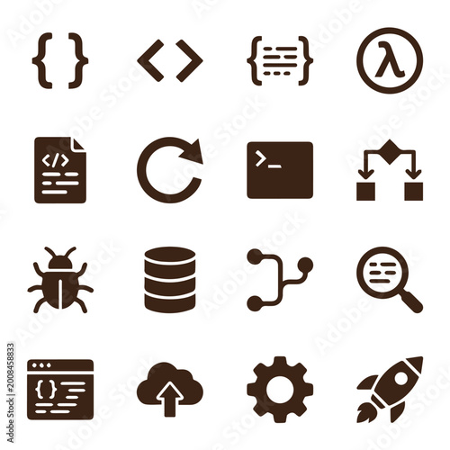 Modern software development and cloud computing icon set with software