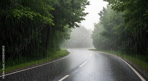 rainy road through forest, wet asphalt highway on rainy day