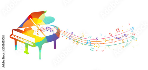 Piano with flying music notes. Classical music instrument with design elements. Colorful music decoration.