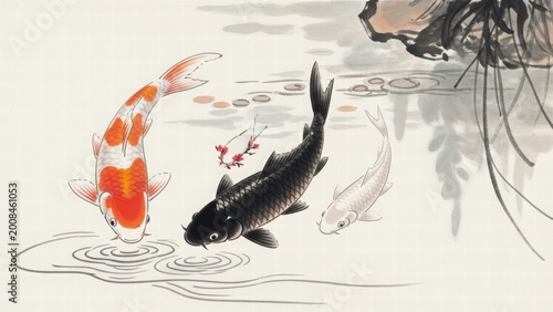 Serene Koi Pond: Elegant koi fish swim gracefully in a tranquil pond, their vibrant colors and fluid movements creating a sense of peace and harmony.