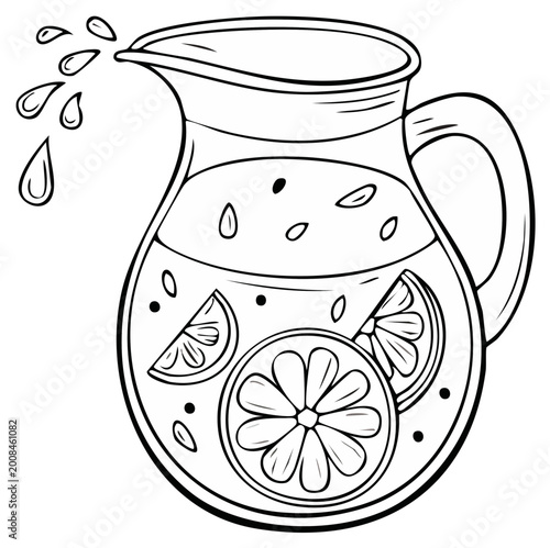 Refreshing Citrus Drink in a Pitcher with Slices and Splashing Liquid Hand Drawn Illustration