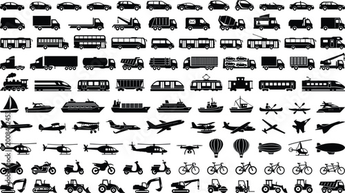 Comprehensive transportation icons set including cars trucks buses trains ships aircraft bicycles and construction vehicles silhouettes collection