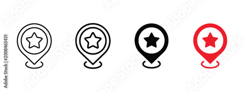 Photos Location pin with star icon set, favorite place marker.
