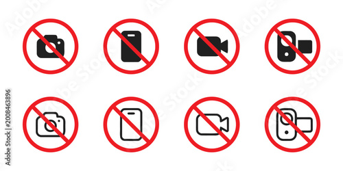 No camera and no phone signs with forbidden symbols in red circles, prohibition icons. Free Download No camera and no phone signs with forbidden symbols in red circles, prohibition icons. - GFXLoad