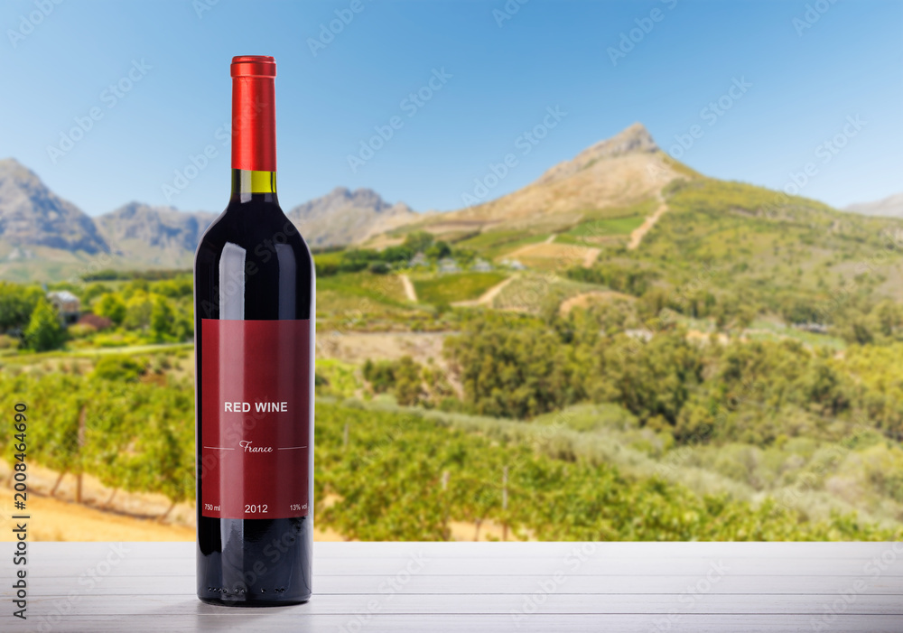 Obraz premium Wine bottle mockup in sunlit vineyard