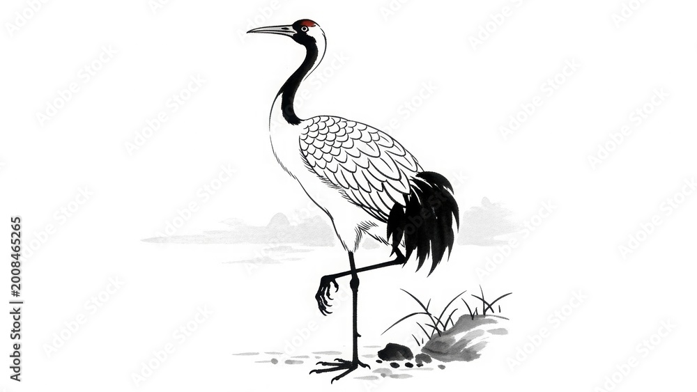 Fototapeta premium Crane Silhouette: A graceful crane, illustrated with simple strokes, stands in a serene marsh.